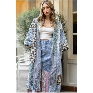 Bluevelvet Floral Print Patchwork 1/2 Sleeve Open Front Cardigan Duster